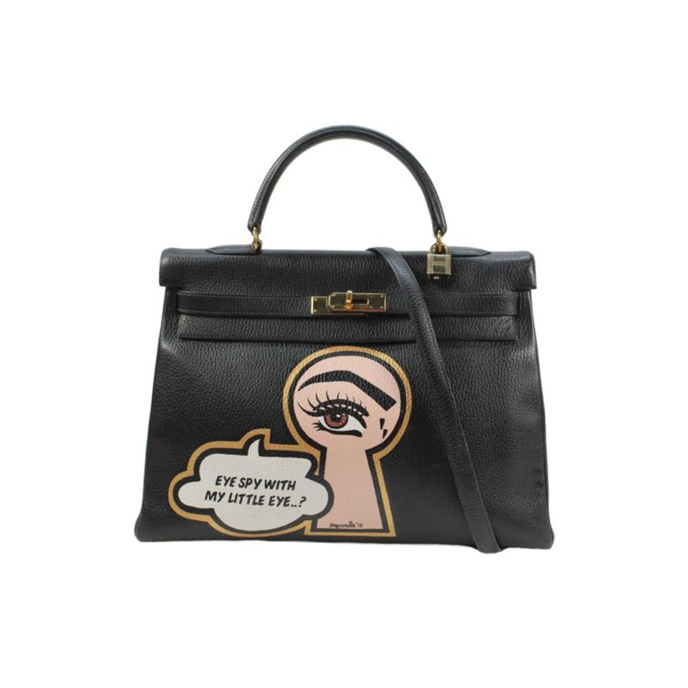 Hermes Womens Printed Kelly 35 Gold Tone Hardware Leather Handbag Black